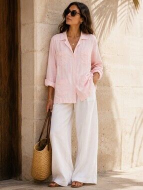 Vintage Givenchy Mens Pale Pink Linen Guayabera Shirt